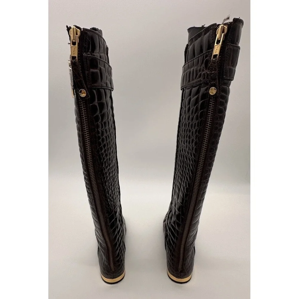Tory Burch Brown Crocodile embossed leather riding boot Gold Heel & Logo Size‎ 7